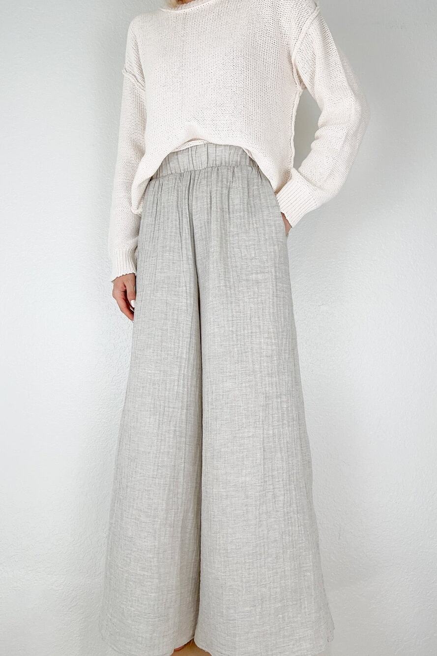 a. ren Crinkle Cotton Pull-On Wide Leg Pants Size S Elastic Waist in Light Gray